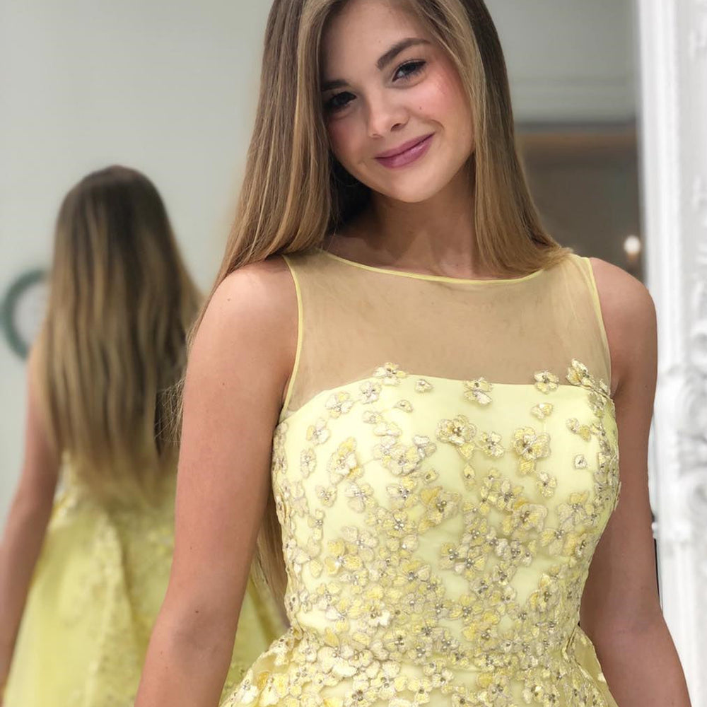 
                      
                        Stylish Round Neck Yellow Lace Floral Prom Dresses, Yellow Lace Formal Graduation Evening Dresses
                      
                    