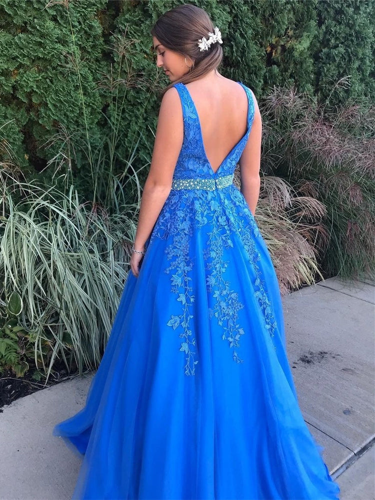 
                      
                        Stylish V Neck Backless Blue Lace Long Prom Dresses 2020 with Belt, Backless Blue Lace Formal Dresses, Blue Lace Evening Dresses
                      
                    