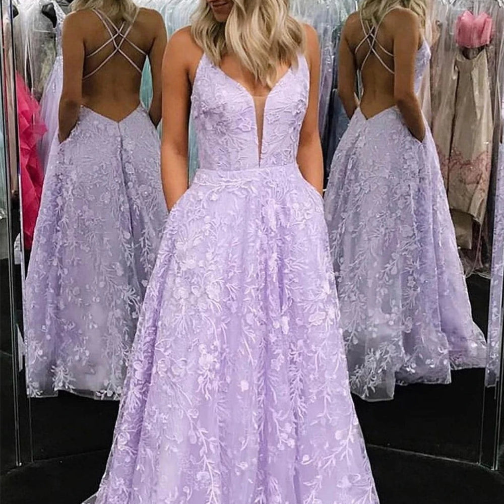 Stylish V Neck Backless Lilac Lace Appliques Prom Dresses 2020, Backless Lavender Lilac Lace Formal Graduation Evening Dresses