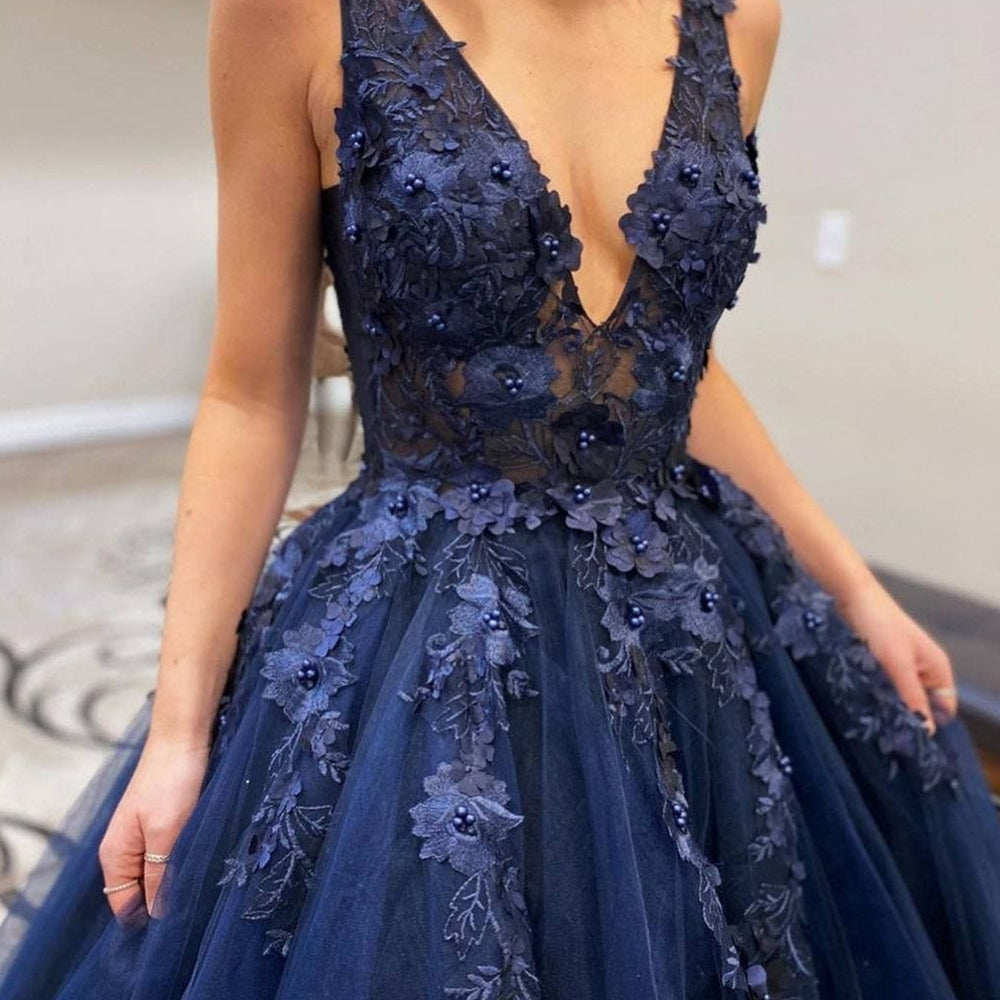 
                      
                        Stylish V Neck Beaded Navy Blue Lace Prom Dresses, Navy Blue Lace Formal Dresses, Navy Blue Evening Dresses
                      
                    