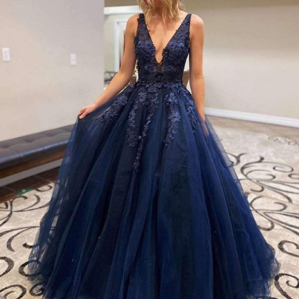 Stylish V Neck Beaded Navy Blue Lace Prom Dresses, Navy Blue Lace Formal Dresses, Navy Blue Evening Dresses