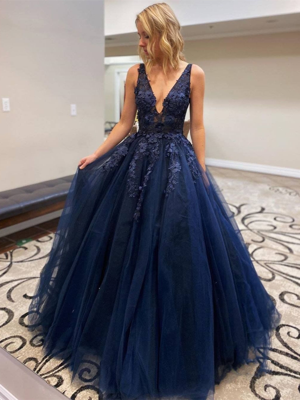 Stylish V Neck Beaded Navy Blue Lace Prom Dresses, Navy Blue Lace Formal Dresses, Navy Blue Evening Dresses