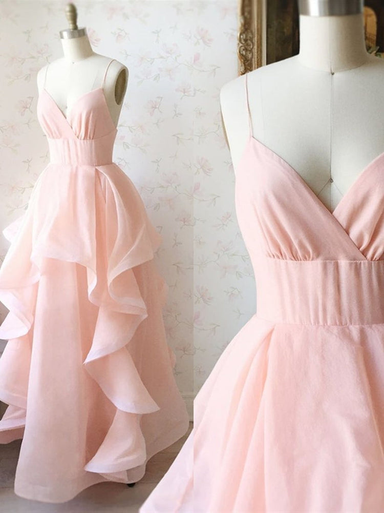 Stylish V Neck Long Pink Prom Dresses, Fluffy Pink Formal Evening Dresses, Pink Ball Gown