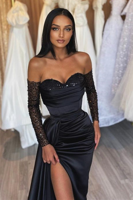 
                      
                        Sweetheart Black Prom Dress with Short Sleeves Slit and Pleats
                      
                    