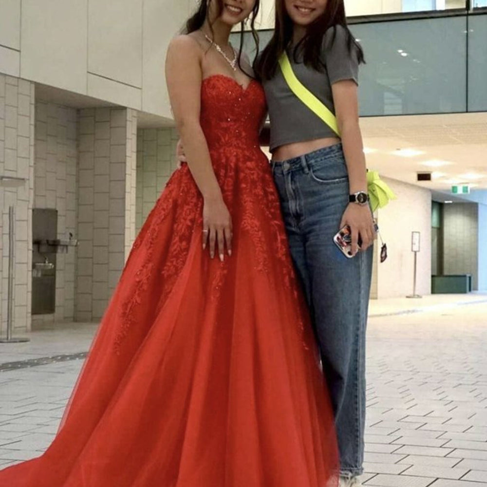 
                      
                        Sweetheart Neck Beaded Red Lace Long Prom Dresses, Strapless Red Formal Evening Dresses, Red Lace Ball Gown 
                      
                    