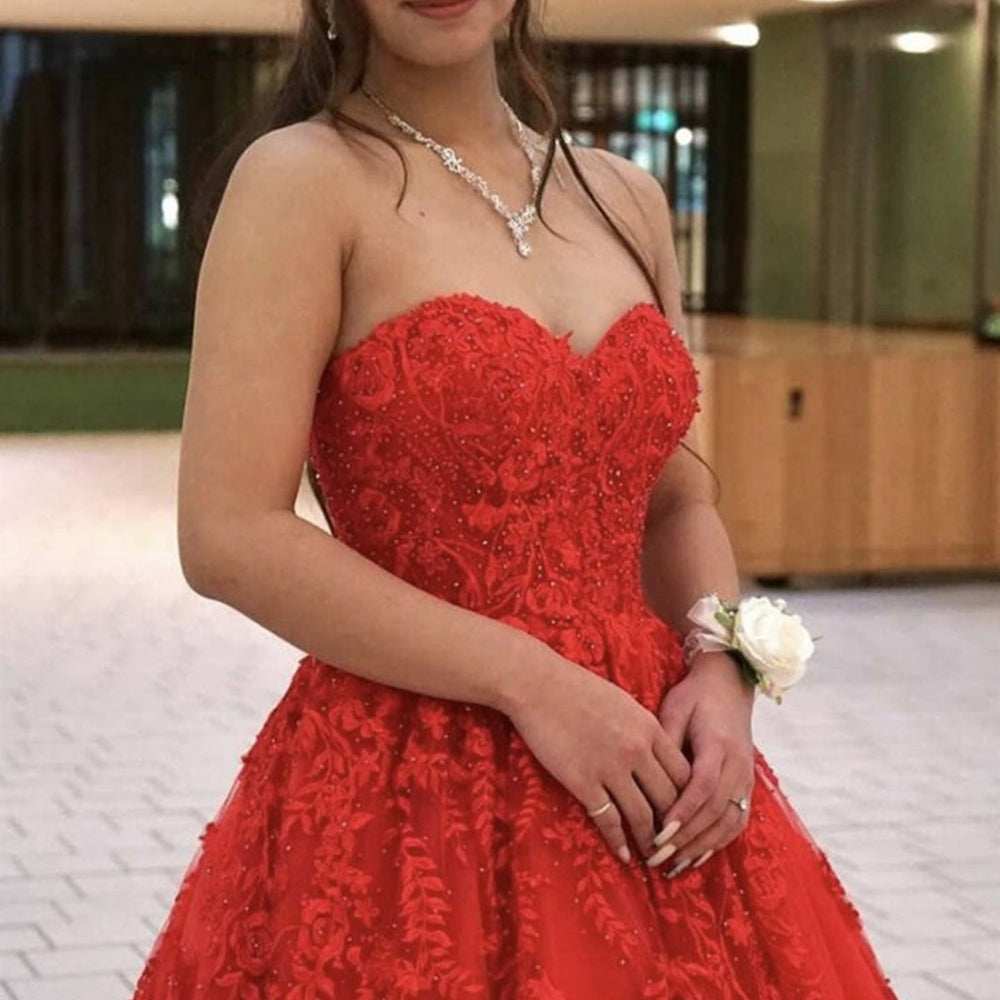 
                      
                        Sweetheart Neck Beaded Red Lace Long Prom Dresses, Strapless Red Formal Evening Dresses, Red Lace Ball Gown 
                      
                    