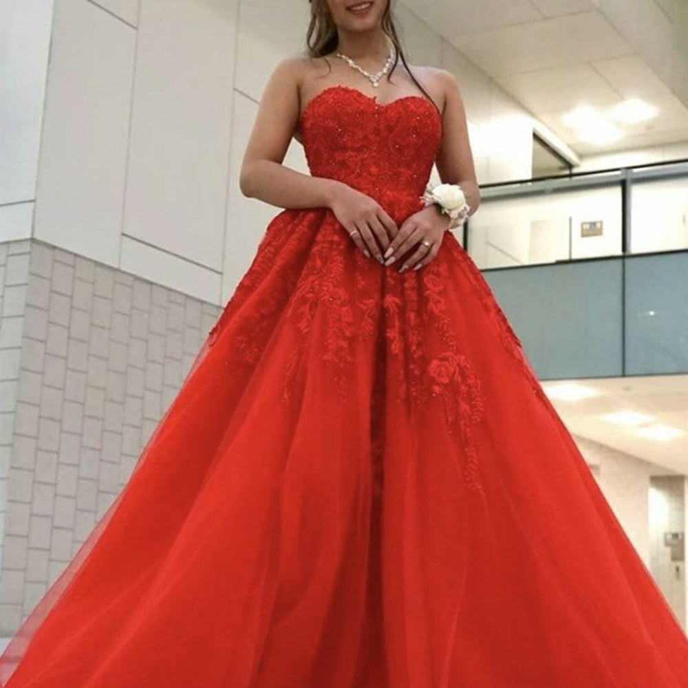 Sweetheart Neck Beaded Red Lace Long Prom Dresses, Strapless Red Formal Evening Dresses, Red Lace Ball Gown 