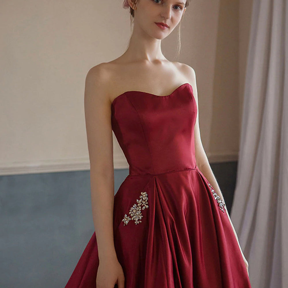 
                      
                        Sweetheart Neck Burgundy Satin Long Prom Dresses with Pocket, Long Burgundy Formal Graduation Evening Dresses 
                      
                    