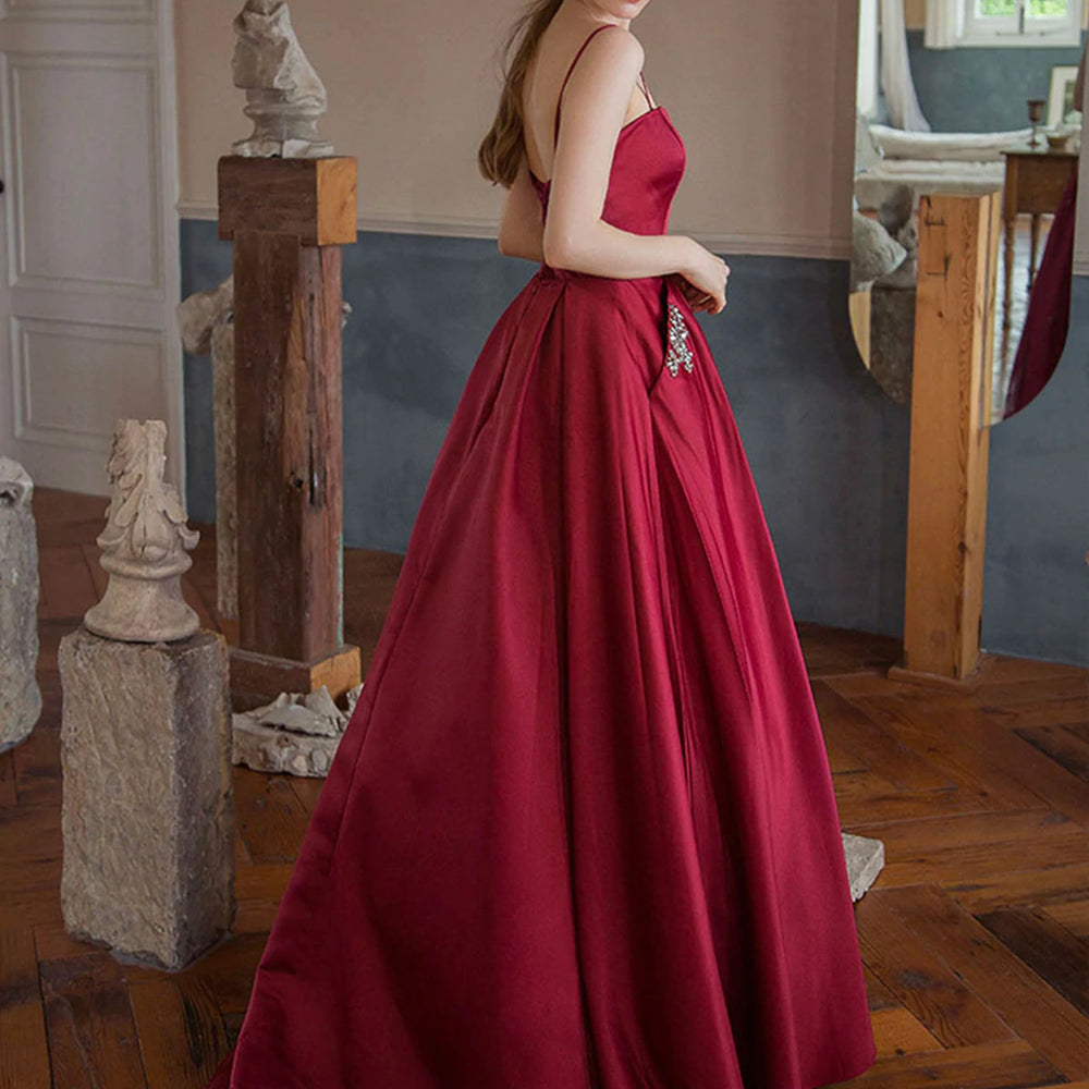 
                      
                        Sweetheart Neck Burgundy Satin Long Prom Dresses with Pocket, Long Burgundy Formal Graduation Evening Dresses 
                      
                    