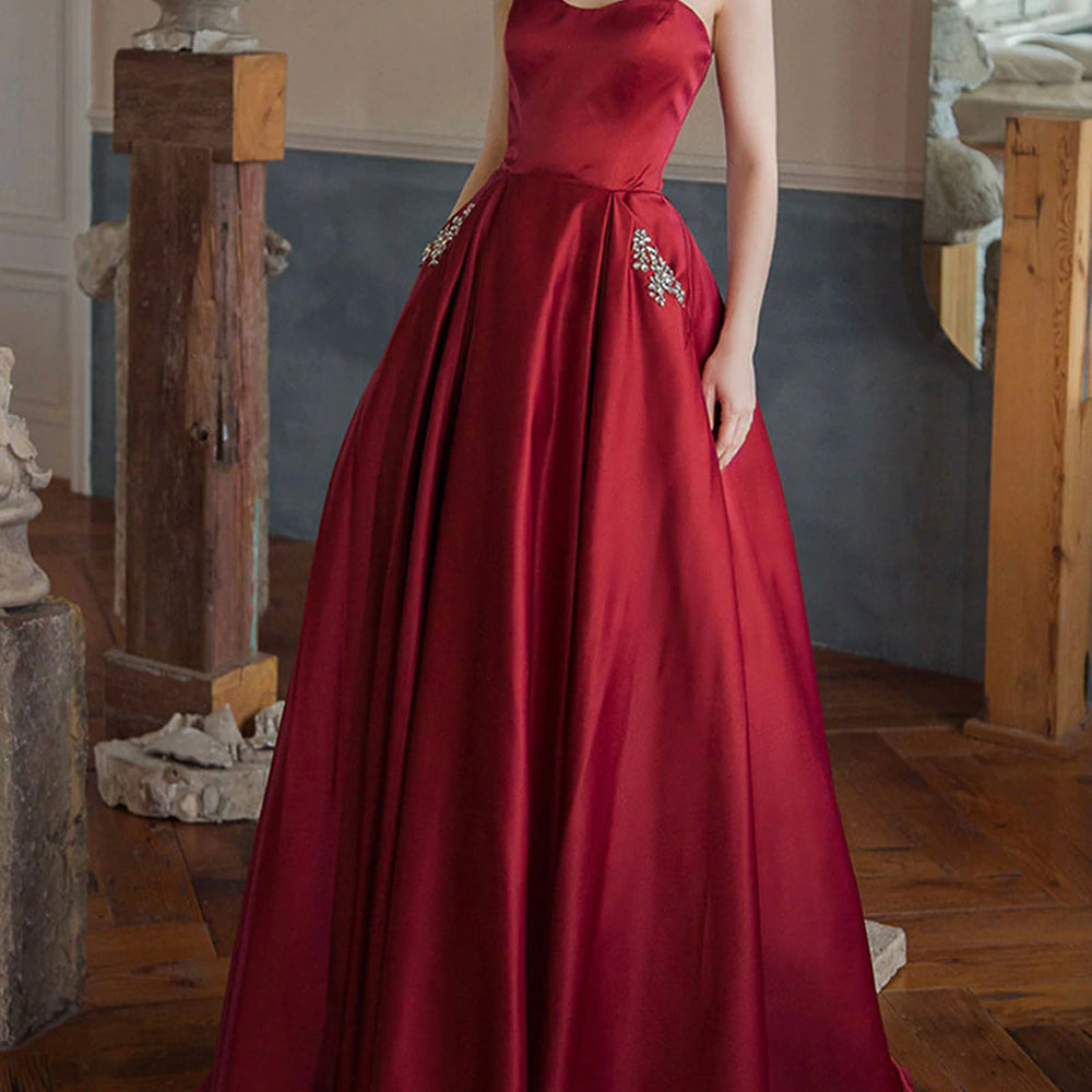 
                      
                        Sweetheart Neck Burgundy Satin Long Prom Dresses with Pocket, Long Burgundy Formal Graduation Evening Dresses 
                      
                    