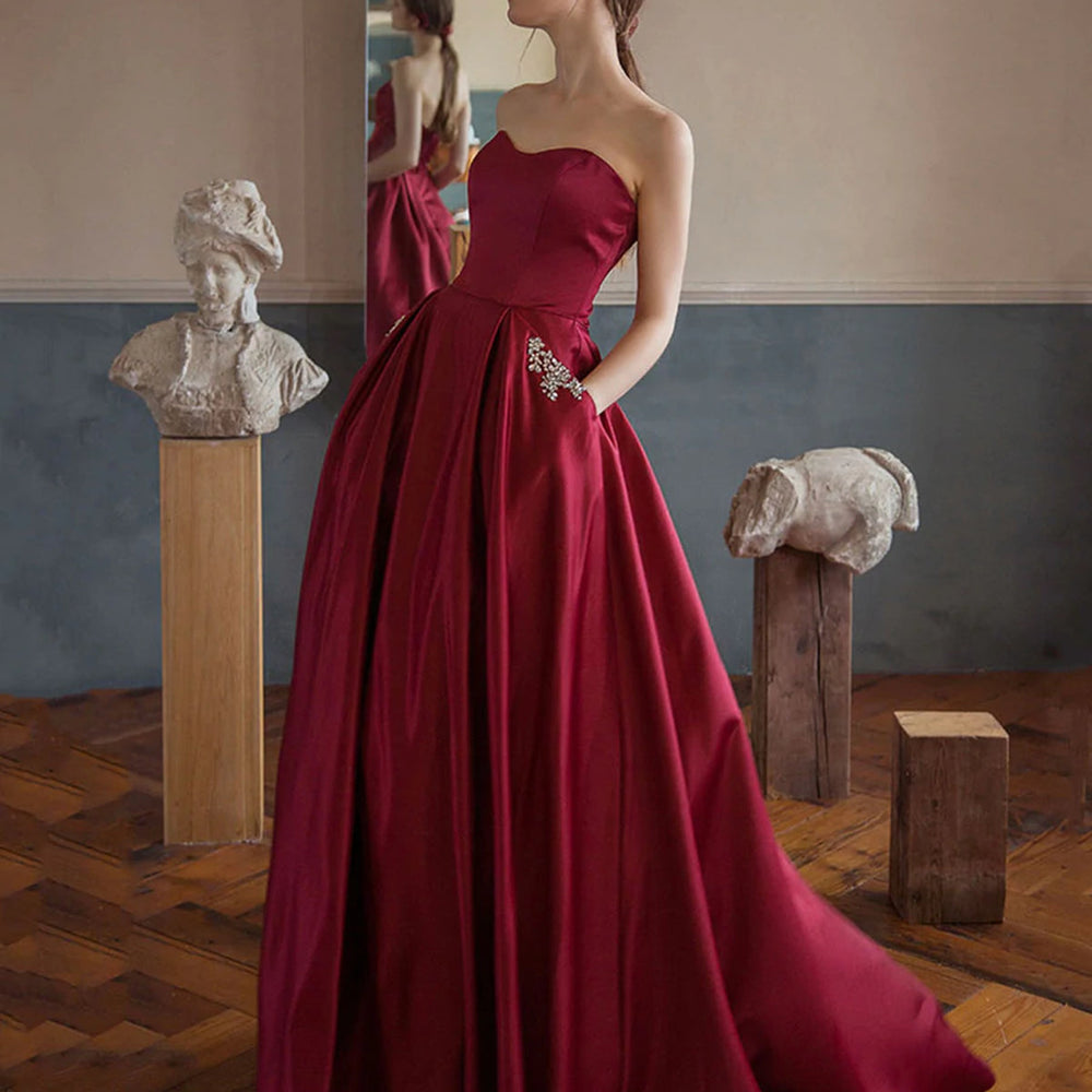 
                      
                        Sweetheart Neck Burgundy Satin Long Prom Dresses with Pocket, Long Burgundy Formal Graduation Evening Dresses 
                      
                    