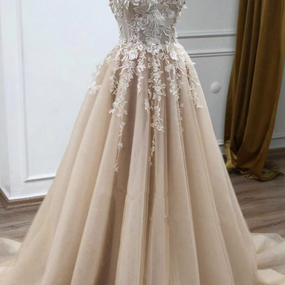 
                      
                        Sweetheart Neck Champagne Lace Floral Long Prom Dresses, Strapless Champagne Lace Formal Evening Dresses 
                      
                    