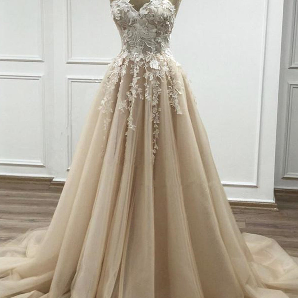 Sweetheart Neck Champagne Lace Floral Long Prom Dresses, Strapless Champagne Lace Formal Evening Dresses 