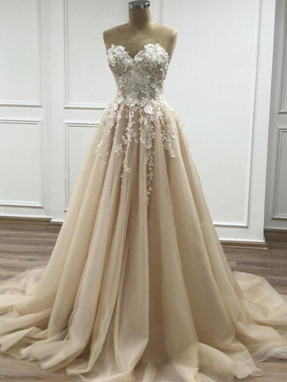 Sweetheart Neck Champagne Lace Floral Long Prom Dresses, Strapless Champagne Lace Formal Evening Dresses 