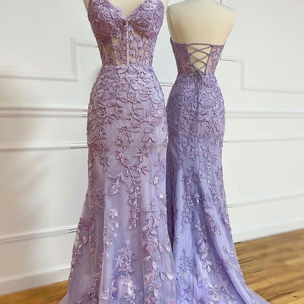 Sweetheart Neck Mermaid Purple Lace Long Prom Dresses, Purple Lace Formal Dresses, Mermaid Purple Evening Dresses 