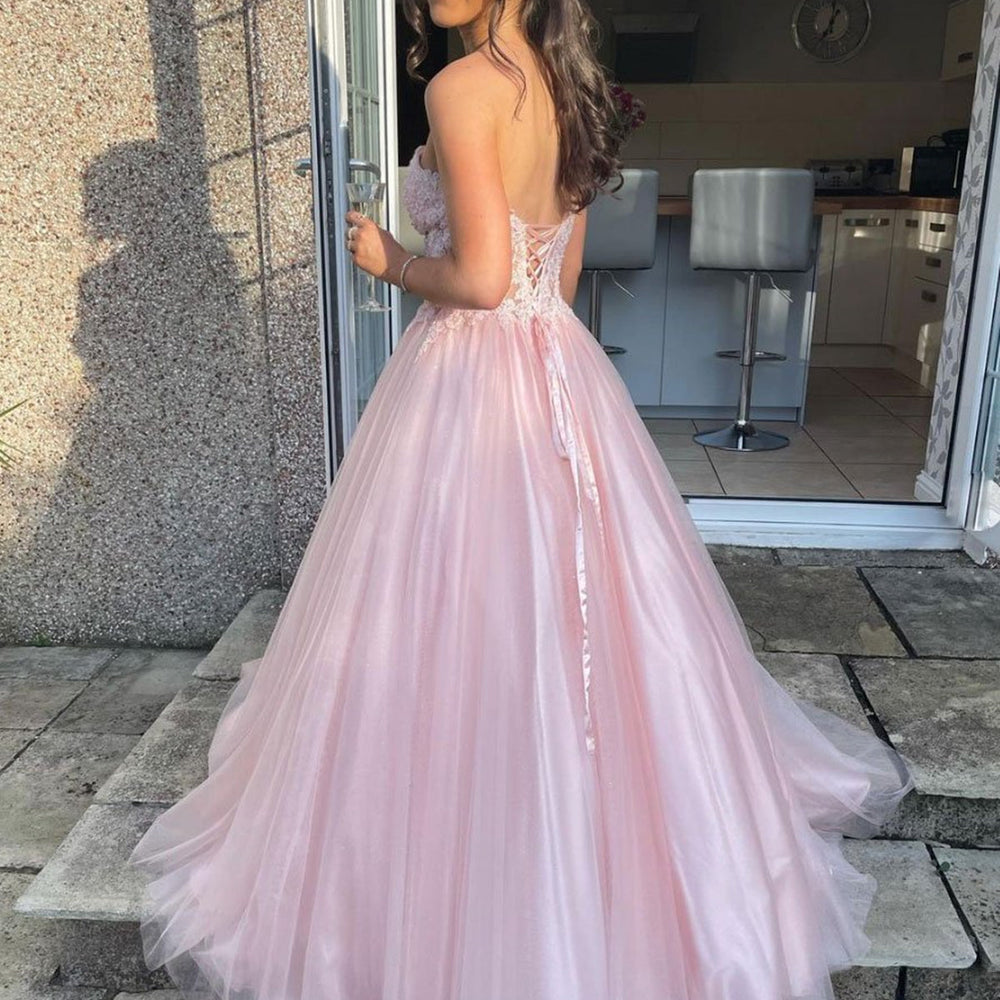 
                      
                        Sweetheart Neck Open Back Pink Lace Long Prom Dresses, Pink Lace Formal Dresses, Pink Evening Dresses 
                      
                    