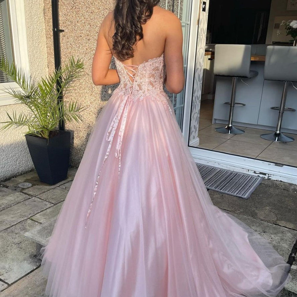 
                      
                        Sweetheart Neck Open Back Pink Lace Long Prom Dresses, Pink Lace Formal Dresses, Pink Evening Dresses 
                      
                    