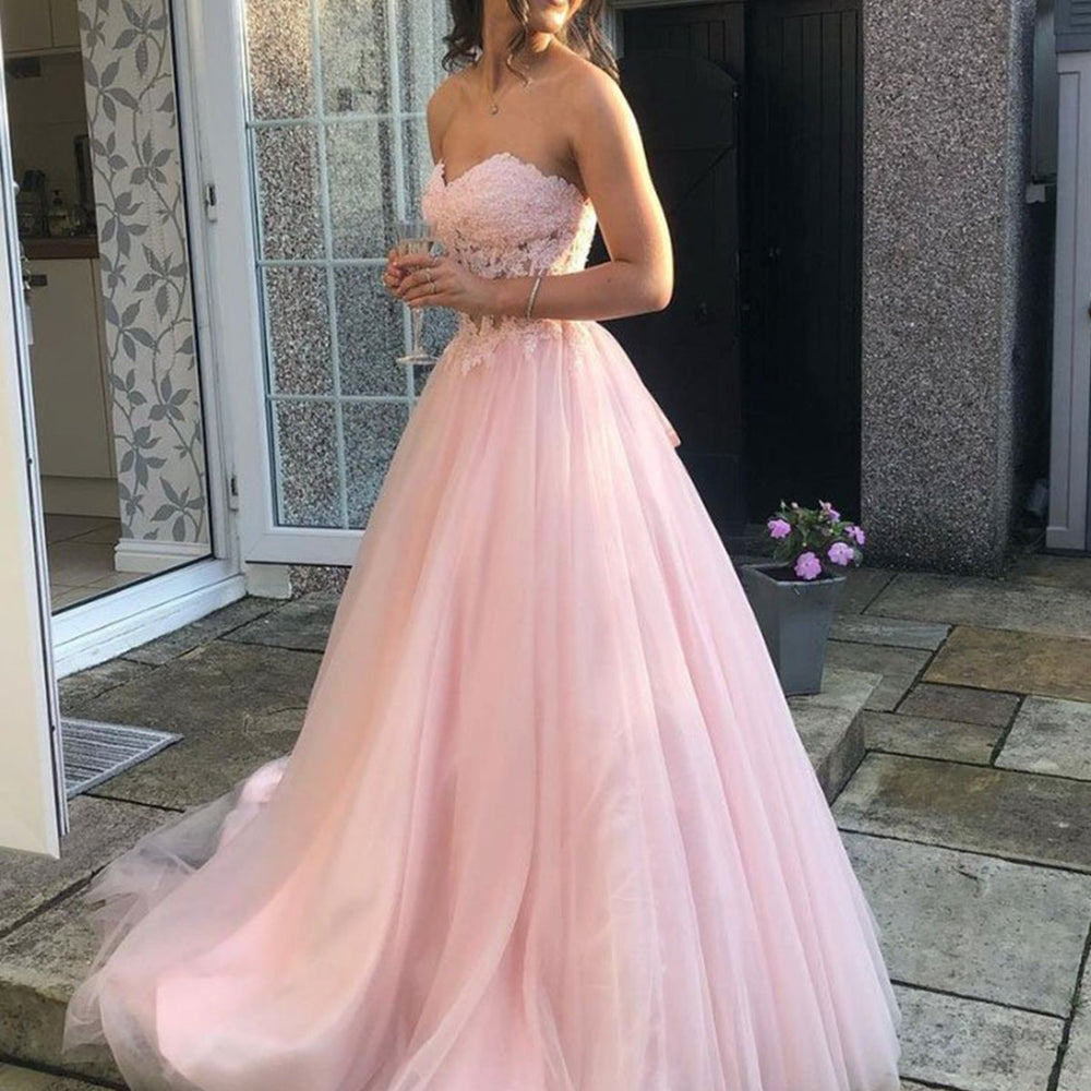 
                      
                        Sweetheart Neck Open Back Pink Lace Long Prom Dresses, Pink Lace Formal Dresses, Pink Evening Dresses 
                      
                    