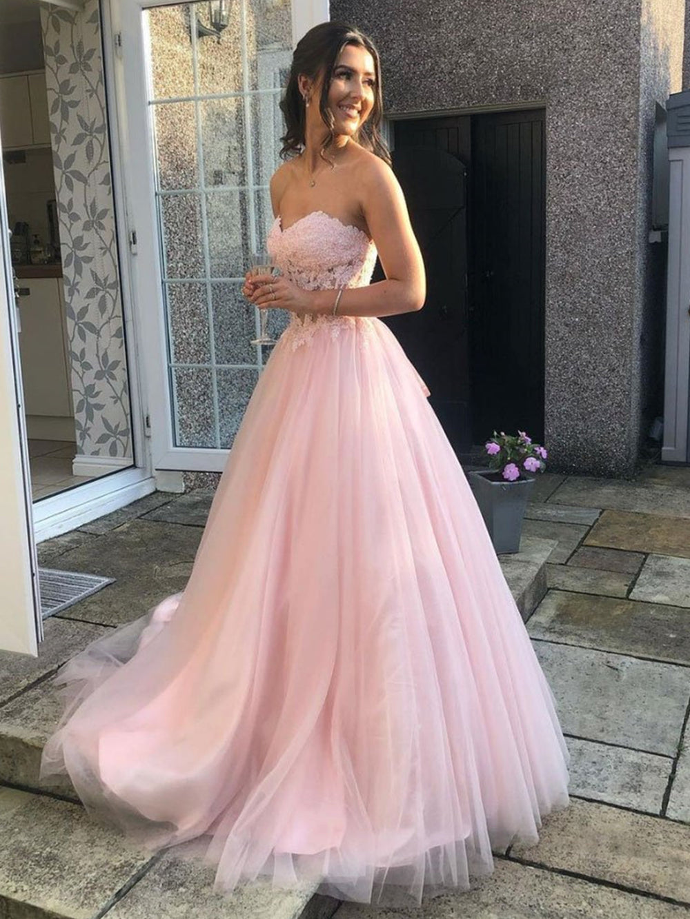 Sweetheart Neck Open Back Pink Lace Long Prom Dresses, Pink Lace Formal Dresses, Pink Evening Dresses 