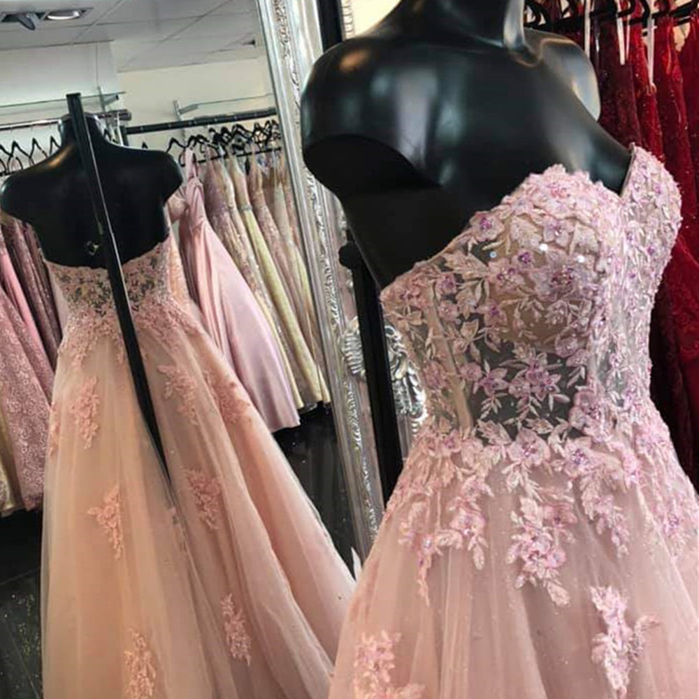 
                      
                        Sweetheart Neck Open Back Pink Lace Long Prom Dresses, Strapless Pink Lace Formal Dresses, Pink Lace Evening Dresses 
                      
                    