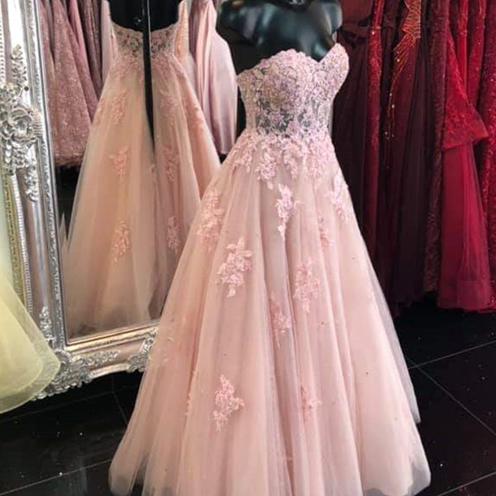 
                      
                        Sweetheart Neck Open Back Pink Lace Long Prom Dresses, Strapless Pink Lace Formal Dresses, Pink Lace Evening Dresses 
                      
                    