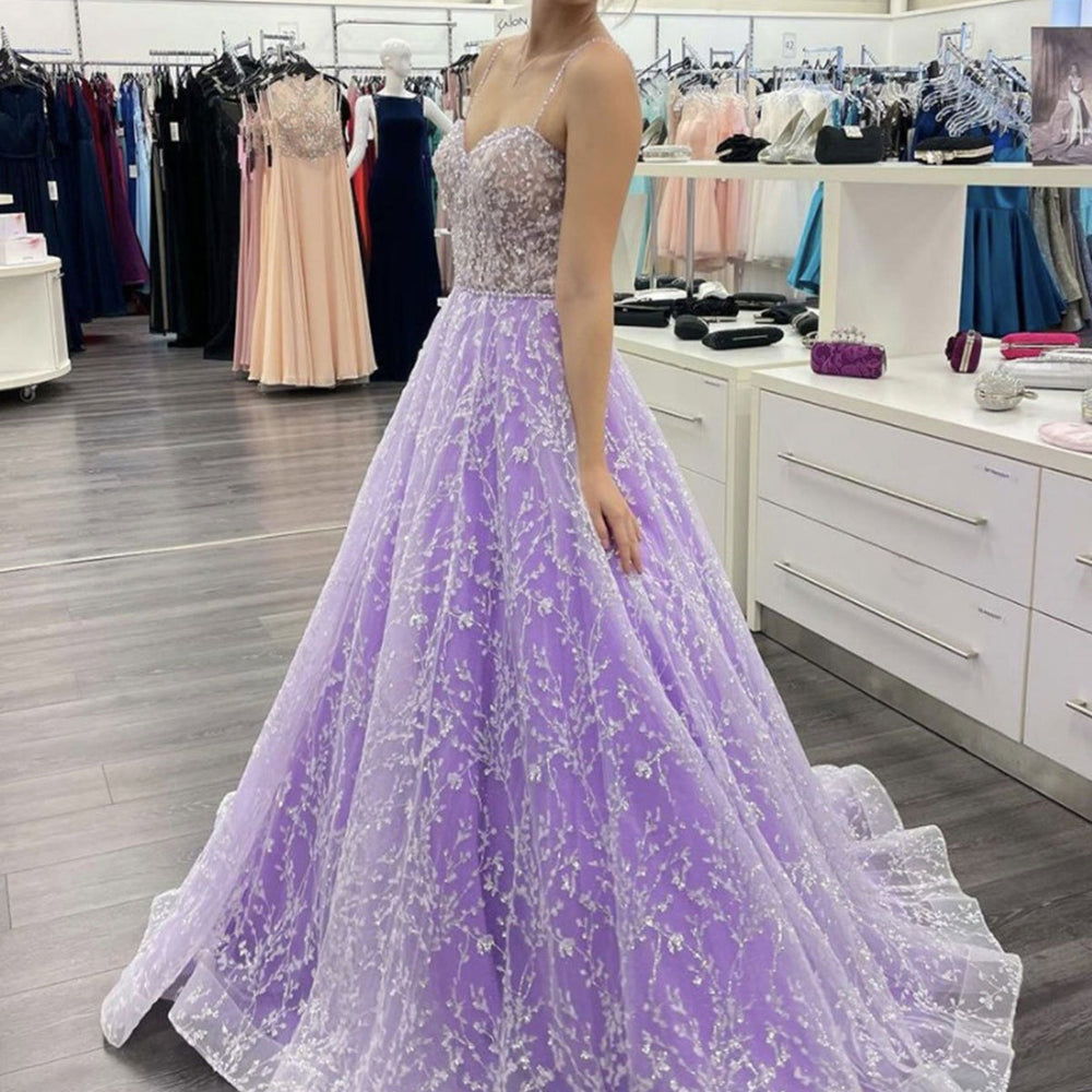 
                      
                        Sweetheart Neck Open Back Purple Lace Long Prom Dresses, Purple Lace Formal Dresses, Purple Evening Dresses 
                      
                    