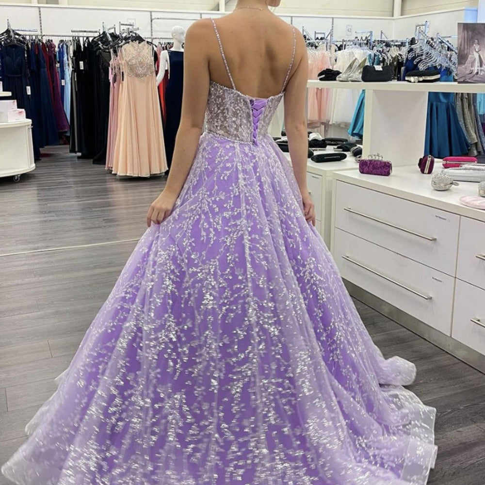 
                      
                        Sweetheart Neck Open Back Purple Lace Long Prom Dresses, Purple Lace Formal Dresses, Purple Evening Dresses 
                      
                    