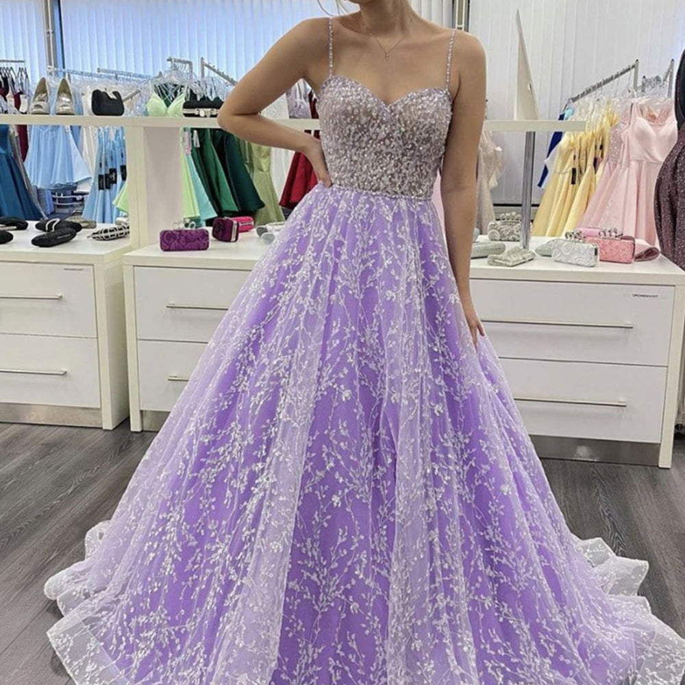 
                      
                        Sweetheart Neck Open Back Purple Lace Long Prom Dresses, Purple Lace Formal Dresses, Purple Evening Dresses 
                      
                    