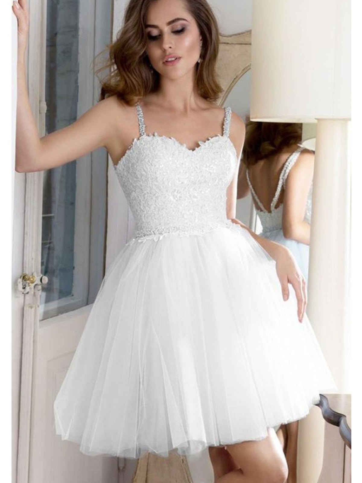 Sweetheart Neck Open Back White Lace Prom Dresses, White Lace Homecoming Dresses, Short White Formal Evening Dresses 