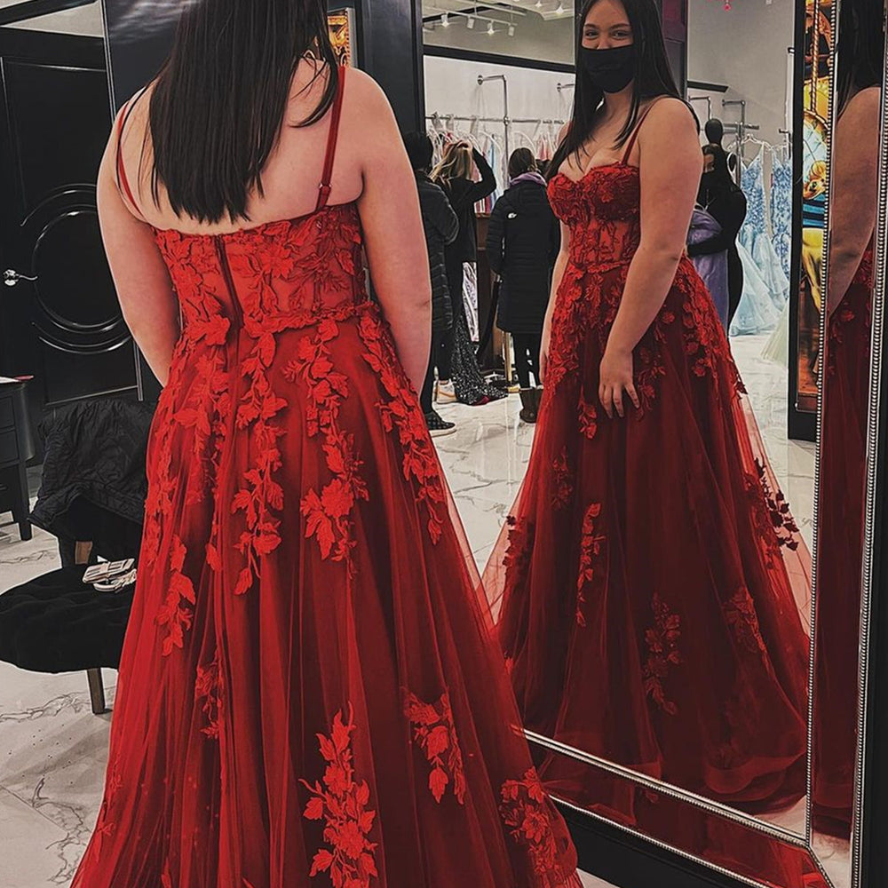 
                      
                        Sweetheart Neck Open Back Wine Red Lace Long Prom Dresses, Burgundy Lace Formal Graduation Evening Dresses with Appliques 
                      
                    