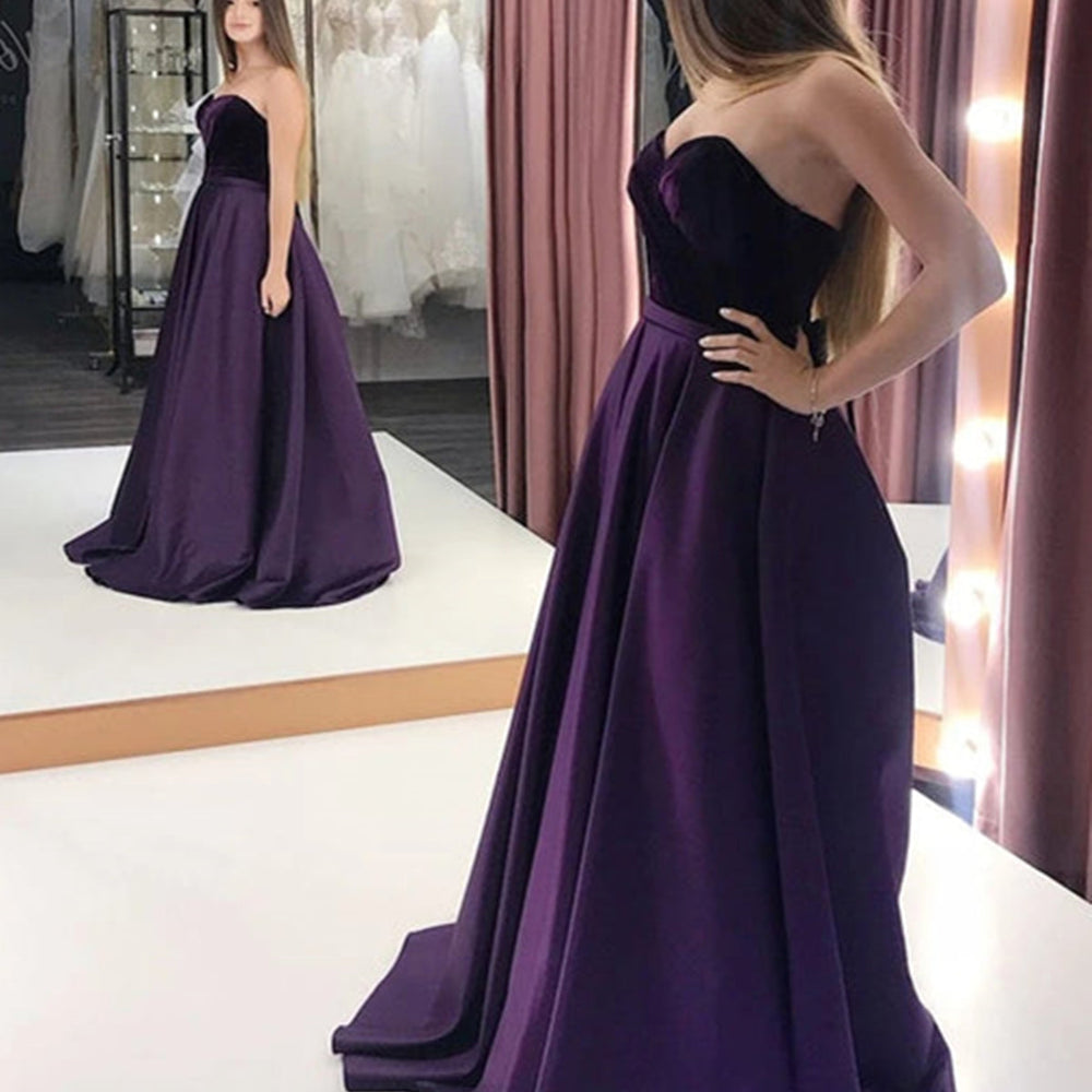 
                      
                        Sweetheart Neck Purple Satin Long Prom Dresses with Velvet Top, Long Purple Formal Graduation Evening Dresses 
                      
                    