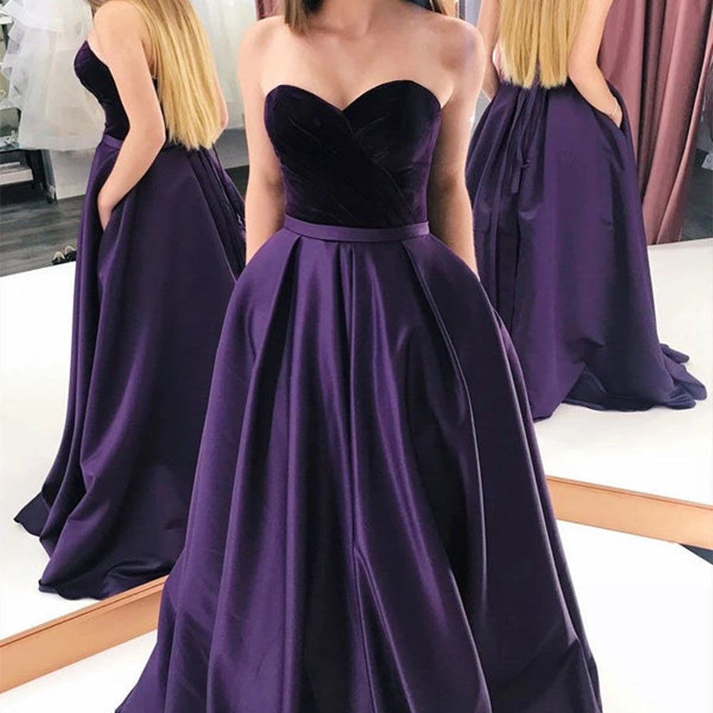 
                      
                        Sweetheart Neck Purple Satin Long Prom Dresses with Velvet Top, Long Purple Formal Graduation Evening Dresses 
                      
                    