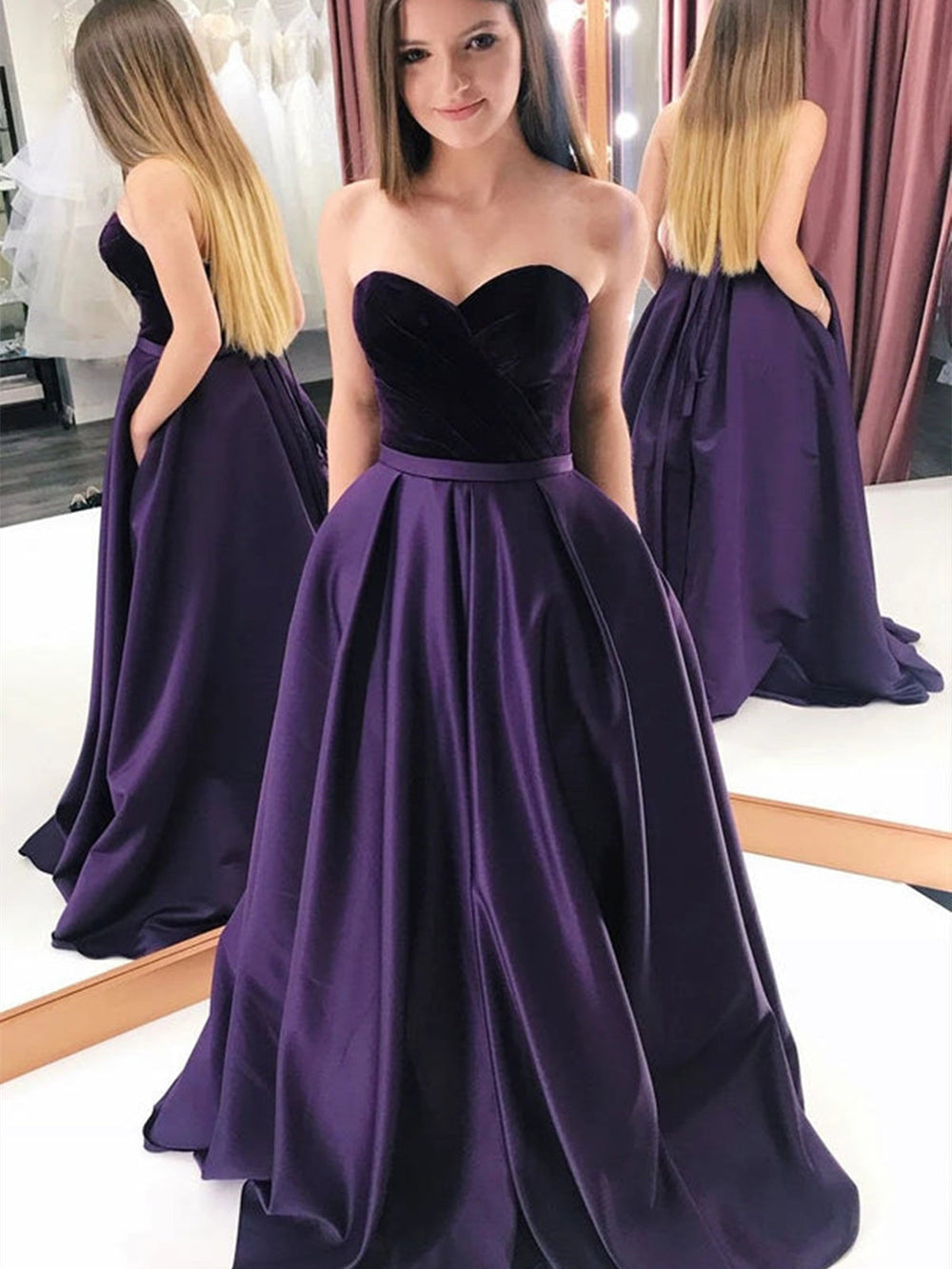 Sweetheart Neck Purple Satin Long Prom Dresses with Velvet Top, Long Purple Formal Graduation Evening Dresses 