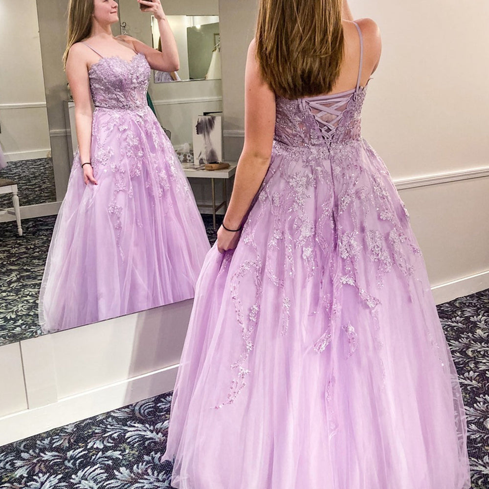 
                      
                        Sweetheart Neck Purple Tulle Lace Long Prom Dresses, Purple Lace Formal Dresses, Purple Evening Dresses 
                      
                    