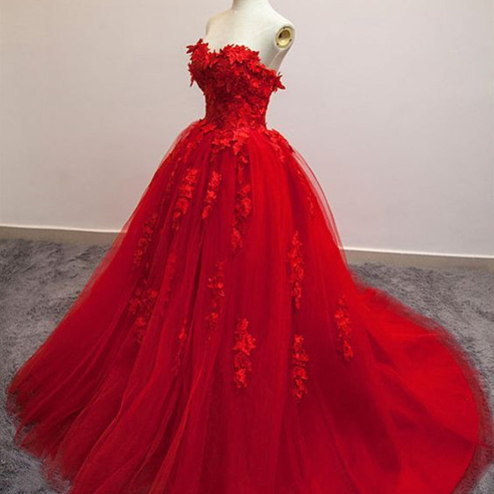 
                      
                        Sweetheart Neck Red Lace Appliques Long Prom Dresses, Red Lace Formal Dresses, Red Evening Dresses
                      
                    