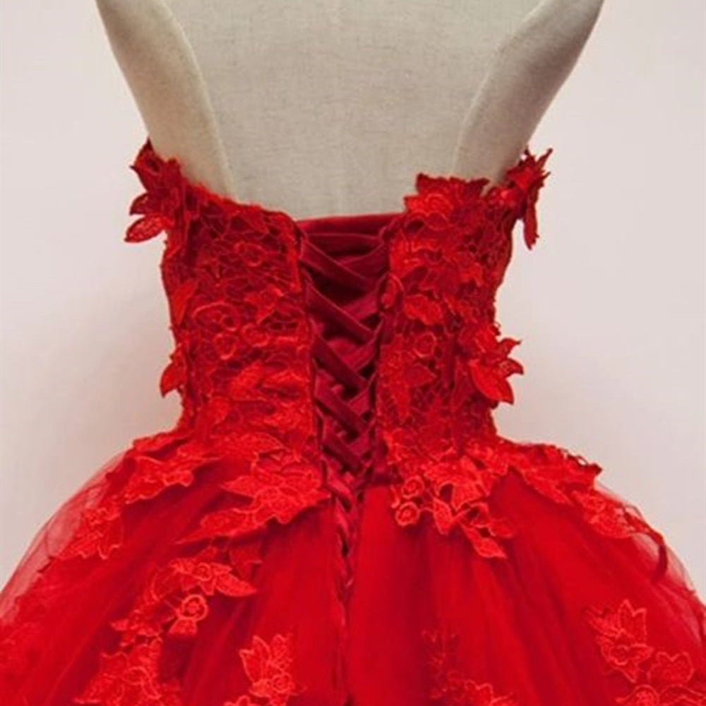 
                      
                        Sweetheart Neck Red Lace Appliques Long Prom Dresses, Red Lace Formal Dresses, Red Evening Dresses
                      
                    