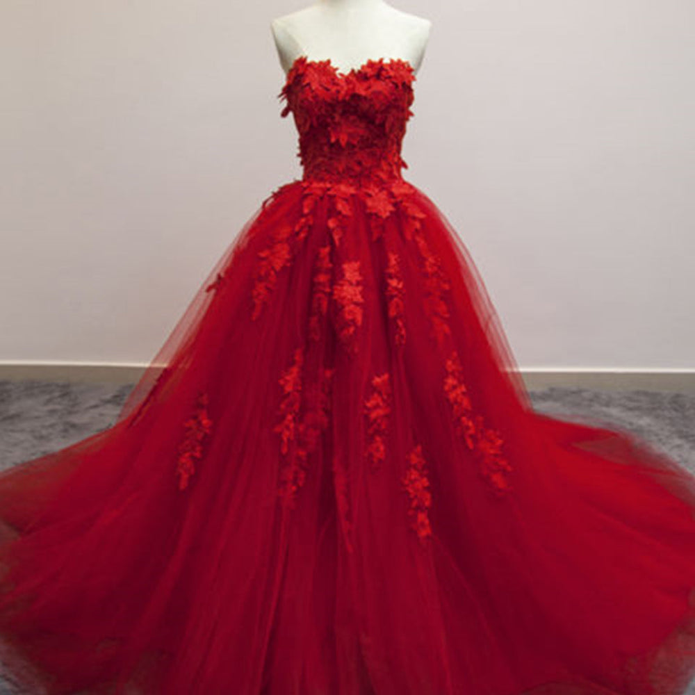 Sweetheart Neck Red Lace Appliques Long Prom Dresses, Red Lace Formal Dresses, Red Evening Dresses