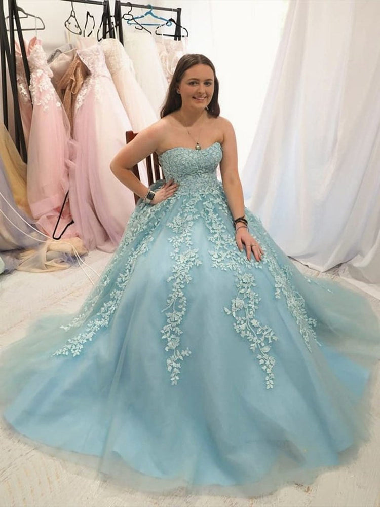 
                      
                        Sweetheart Neck Strapless Blue Lace Long Prom Dresses, Ice Blue Lace Formal Graduation Evening Dresses
                      
                    