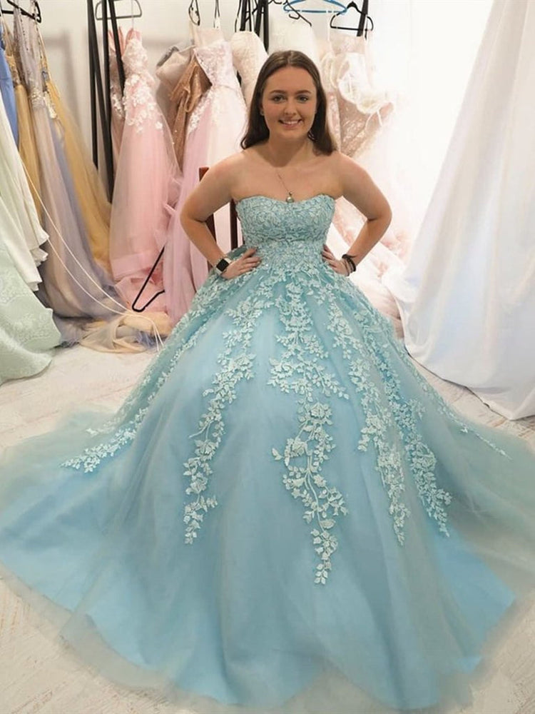 
                      
                        Sweetheart Neck Strapless Blue Lace Long Prom Dresses, Ice Blue Lace Formal Graduation Evening Dresses
                      
                    