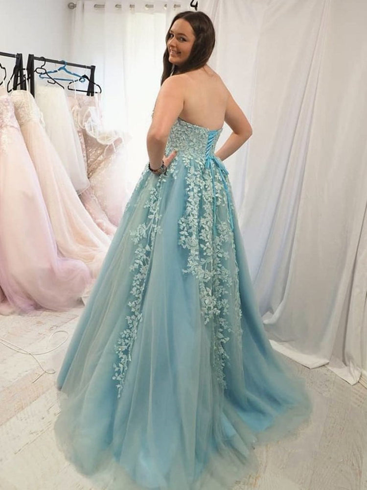 
                      
                        Sweetheart Neck Strapless Blue Lace Long Prom Dresses, Ice Blue Lace Formal Graduation Evening Dresses
                      
                    