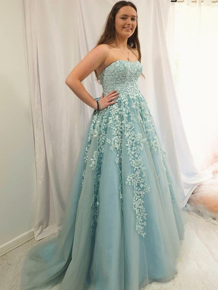 Sweetheart Neck Strapless Blue Lace Long Prom Dresses, Ice Blue Lace Formal Graduation Evening Dresses