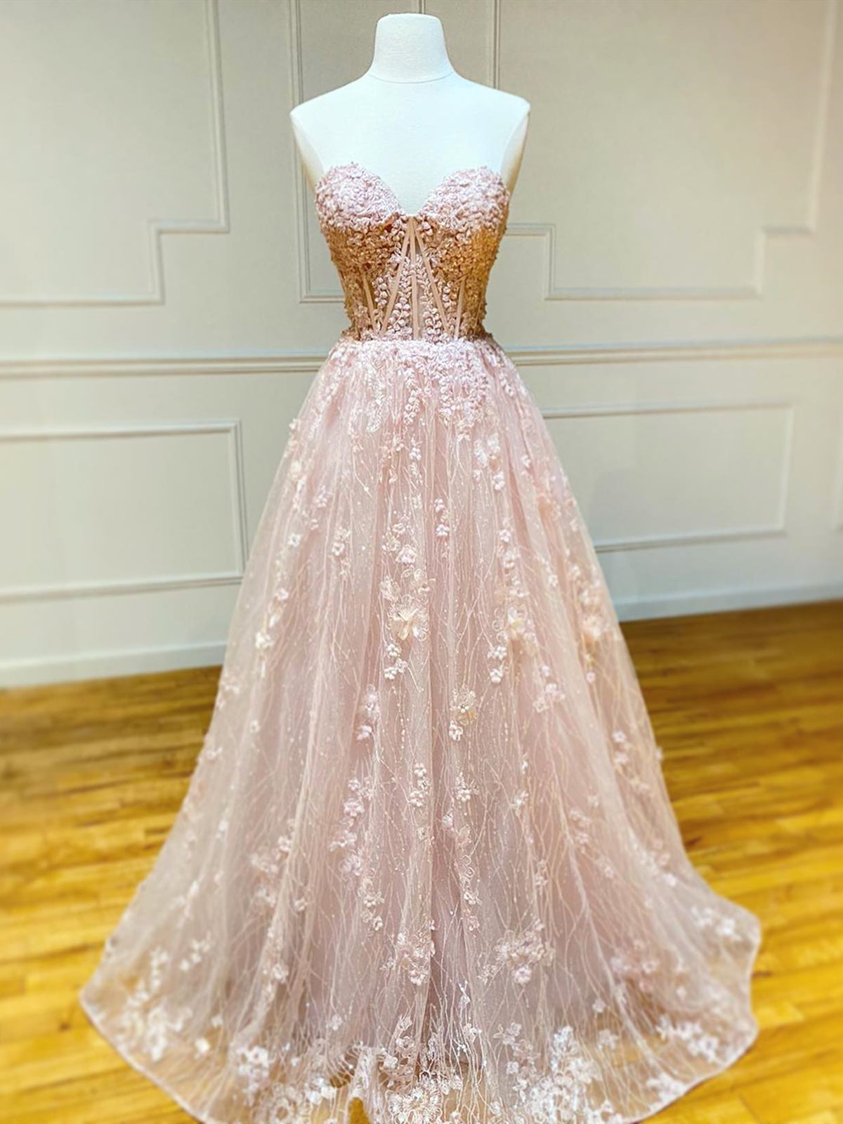 Sweetheart Neck Strapless Pink Floral Long Prom Dresses, Long Pink Floral Formal Evening Dresses