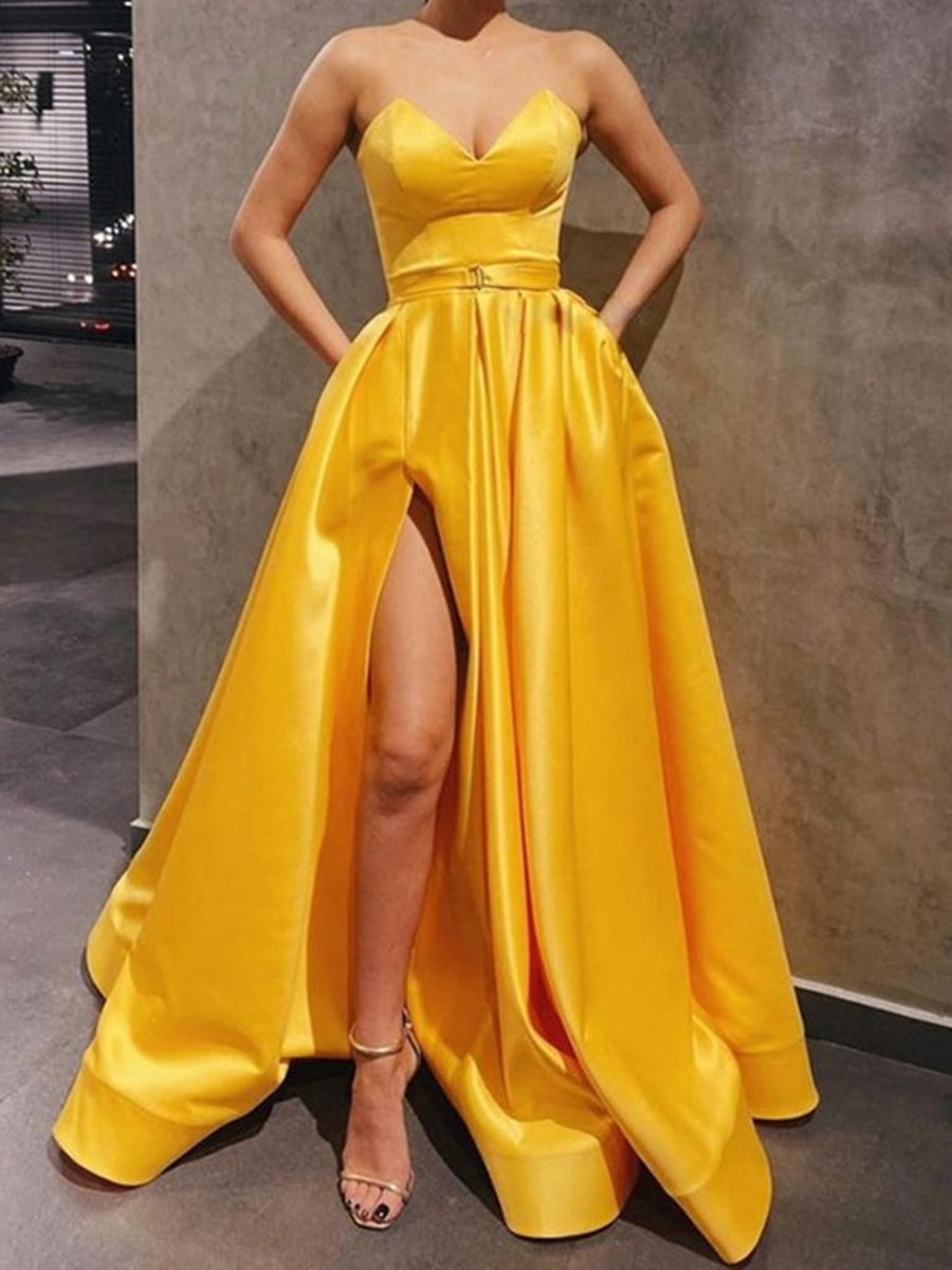 Sweetheart Neck Strapless Yellow Satin Long Prom Dresses, Yellow Satin Long Formal Graduation Evening Dresses