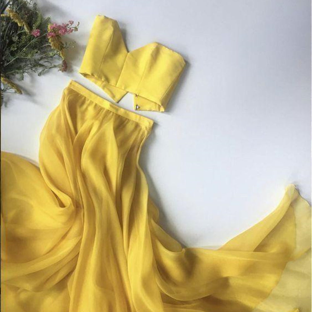 
                      
                        Sweetheart Neck Two Pieces Yellow Long Prom Dresses, 2 Pieces Yellow Formal Evening Dresses
                      
                    