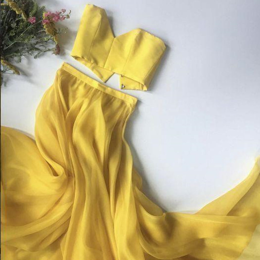 
                      
                        Sweetheart Neck Two Pieces Yellow Long Prom Dresses, 2 Pieces Yellow Formal Evening Dresses
                      
                    