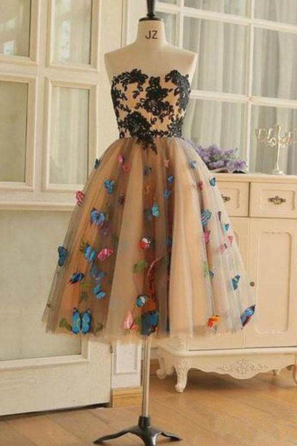 Sweetheart Neckline Tea Length Short Homecoming Dress With Colorful Butterflies