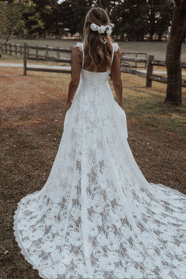 
                      
                        Sweetheart Rose Lace Boho Wedding Dress With Slit
                      
                    