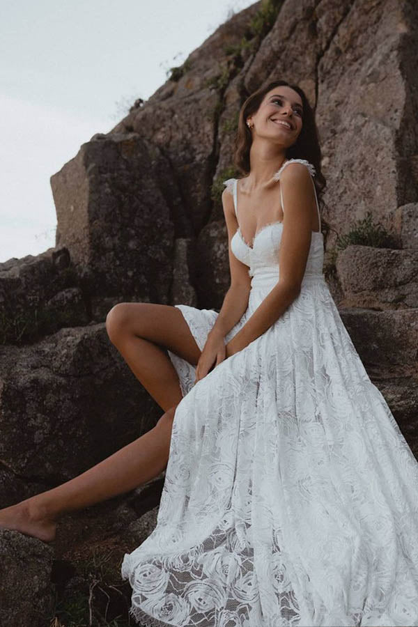 
                      
                        Sweetheart Rose Lace Boho Wedding Dress With Slit
                      
                    