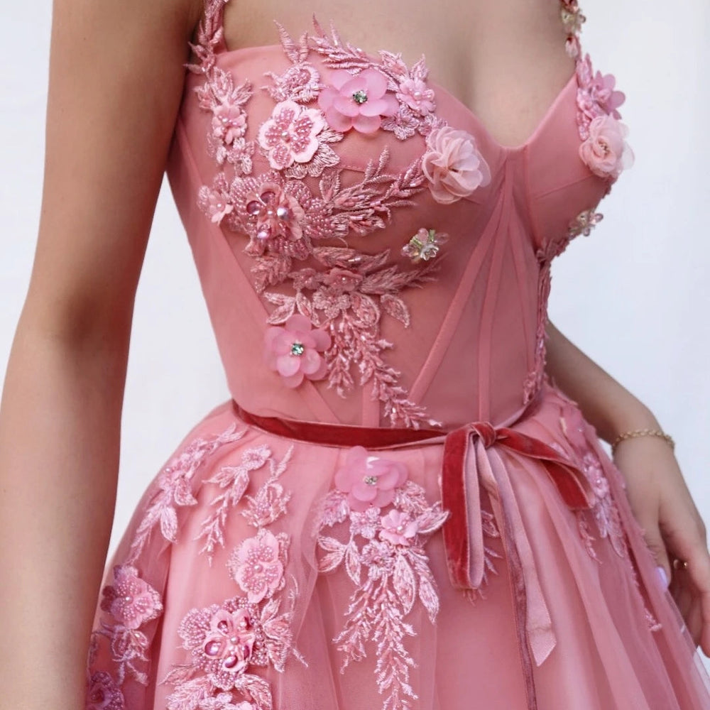 
                      
                        Sweetheart Rouge Tulle Long Prom Dress Floral Party Dress
                      
                    