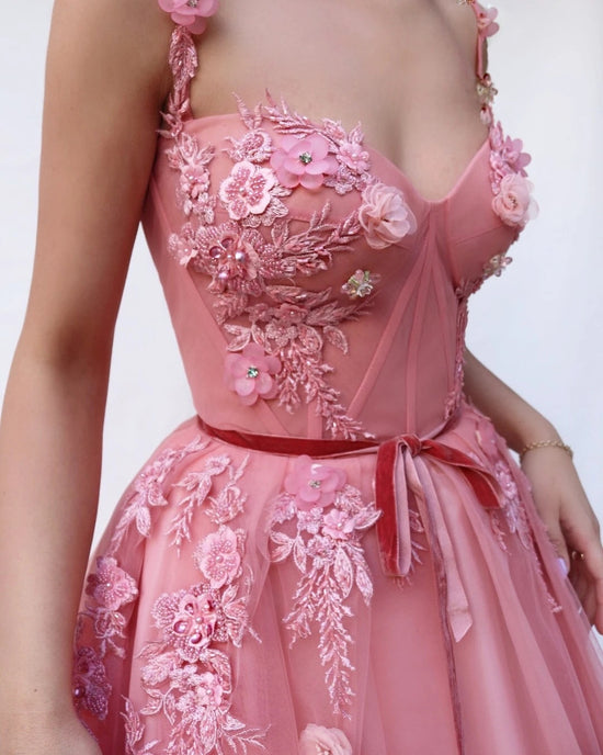 Sweetheart Rouge Tulle Long Prom Dress Floral Party Dress